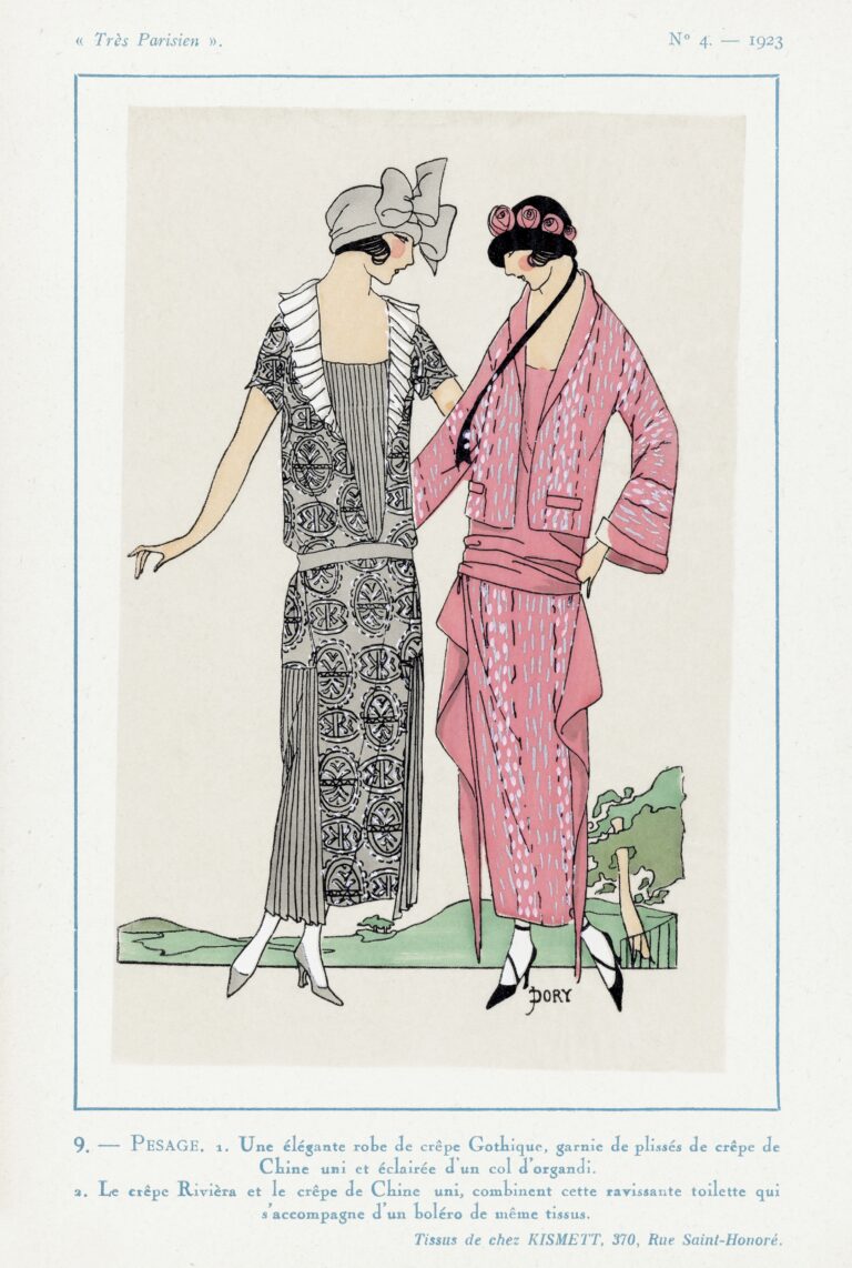 1920s illustration of 2 women in floor length shapeless dresses with frilly long collars and a low waist