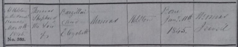 Photo of page in registry saying Thomas Shepherd born to Brazillai and Elizabeth