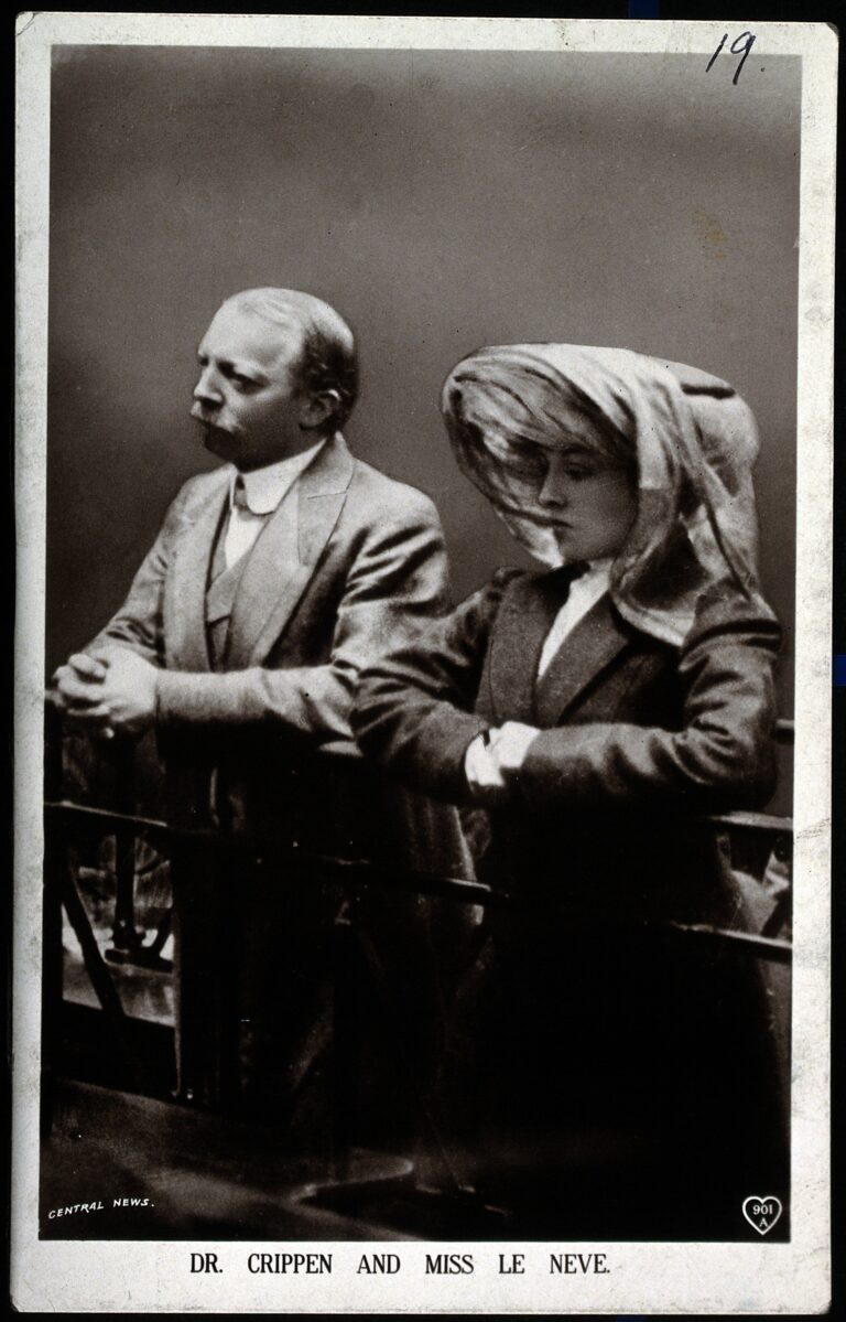 Ethel and Crippen at trial. Ethels face is covered by a veil that sticks out the front of her face.