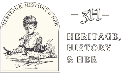 3H Heritage, History & Her wordmark and logo. Logo is an hand drawn style illustration of a 1700s girl with quill in mouth surrounded by books in a arch window shape. Cream version.