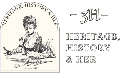 3H Heritage, History & Her wordmark and logo. Logo is an hand drawn style illustration of a 1700s girl with quill in mouth surrounded by books in a arch window shape. Cream version.