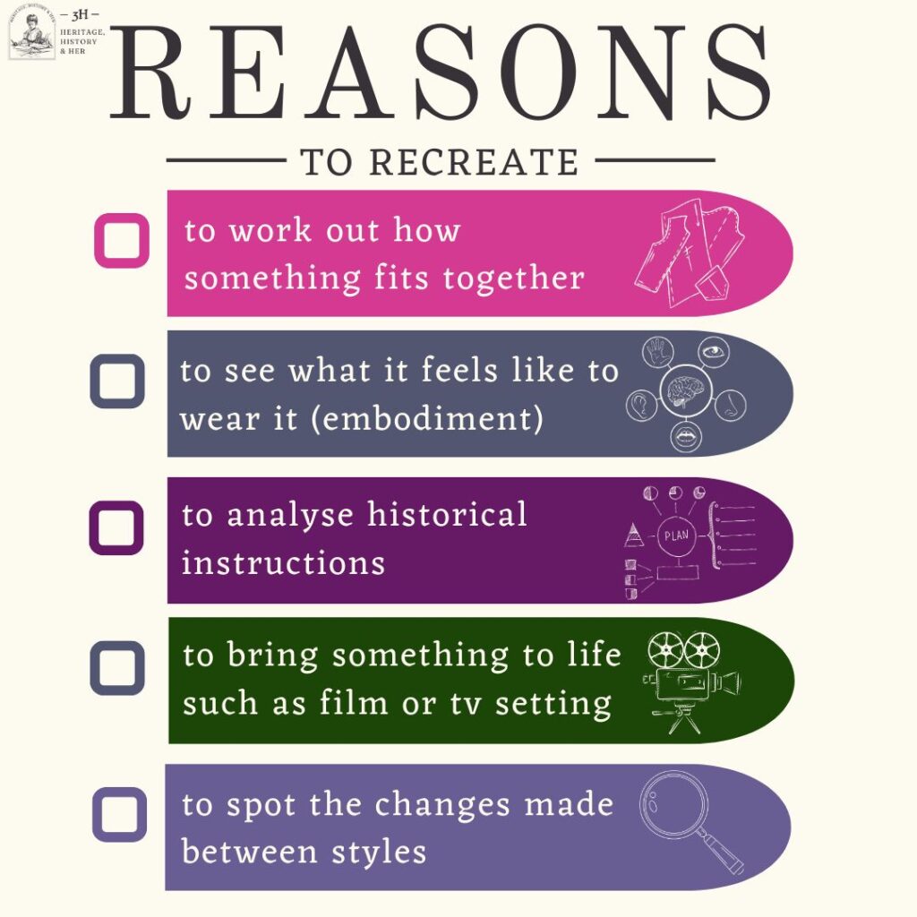 Infographic Poster. Reasons to Recreate - To work out how something fits together - To see what it feels like to wear it (embodiment) - to analyse historical instructions - to bring something to life such as film or TV setting - to spot the changes made between styles