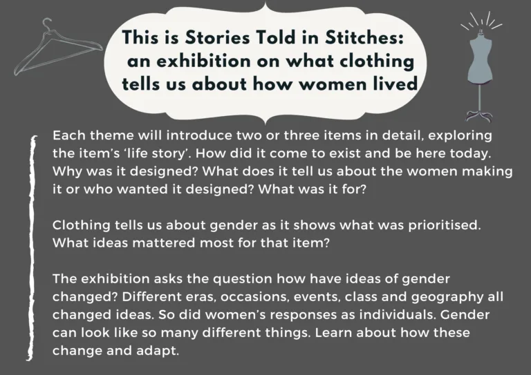 Dark grey interpretation panel, with light grey illustrations of a mannequin and hanger. Title reads: "This is Stories Told in Stitches: an exhibition on what clothing tells us about how women lived". White body text reads: "Each theme will introduce two or three items in detail, exploring the item's 'life story'. How did it come to exist and be here today. Why was it designed? What does it tell us about the women making it or who wanted it designed? What was it for? Clothing tells us about gender as it shows what was prioritised. What ideas mattered most for that item? The exhibition asks the question how have ideas of gender changed? Different eras, occasions, events, class and geography all changed ideas. So did women's responses as individuals. Gender can look like so many different things. Learn about how these change and adapt."