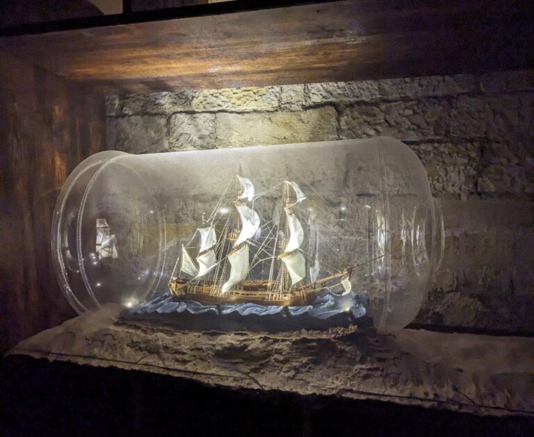 Giant model of a 1700s ship in a bottle.