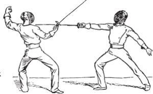 Illustration of two modern fencers mid-match.