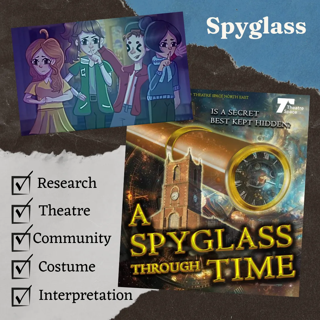 Collage about Spyglass project. Tick list reads "Research, Theatre, Community, Costume, Interpretation"