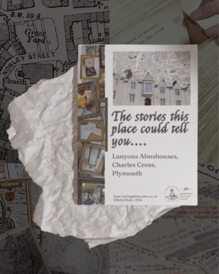 Research project booklet with image of building and historic maps called 'The stories this place could tell you... Lanyons Armshouses, Charles Cross, Plymouth"