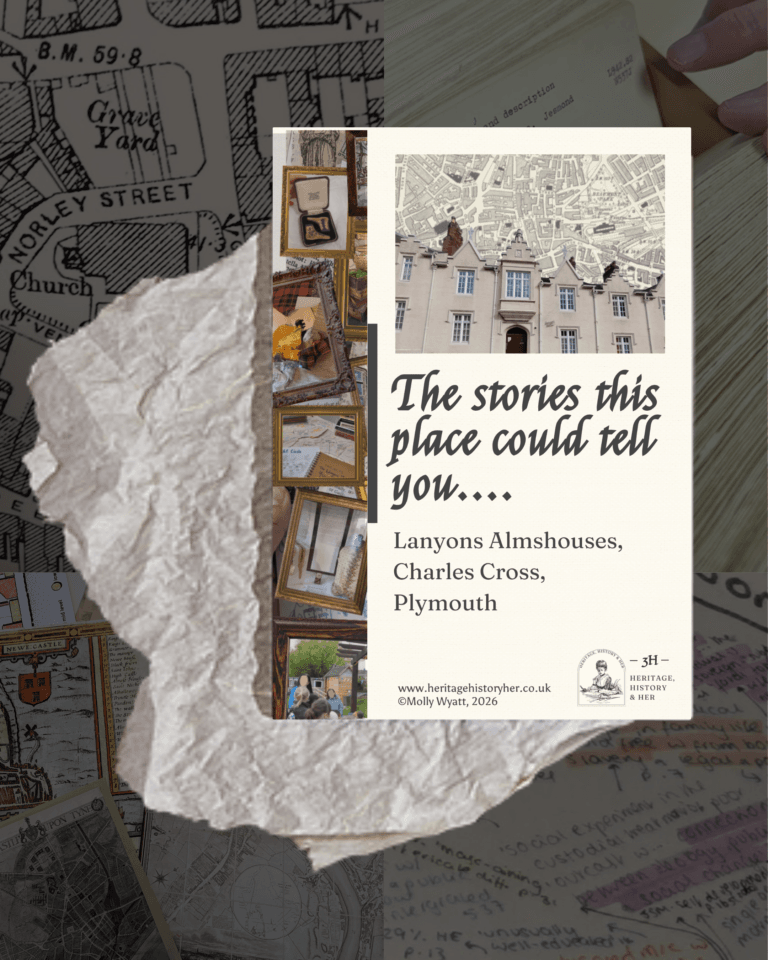 Research project booklet with image of building and historic maps called 'The stories this place could tell you... Lanyons Armshouses, Charles Cross, Plymouth"