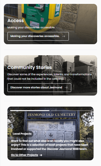3 banner information buttons on the web app with links to find out more about Access, other community stories and local projects