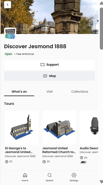 Discover Jesmond 1888 webapp home page - shows 3 audio playlists to chose from, a donation button and a map button