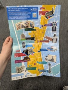 Illustrated map of Jesmond with different symbols to show stops on the trail route. Access symbols such as defibs and toilets can also be seen