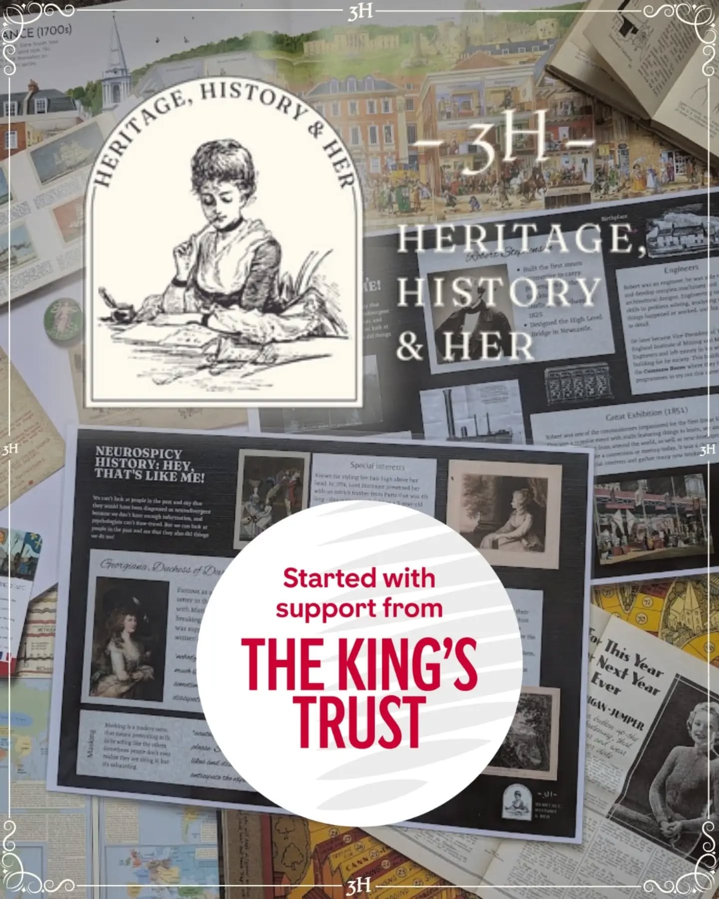 Heritage, History & Her logo and 'Started with Support from the Kings Trust' logo over flatlay of workshop resources