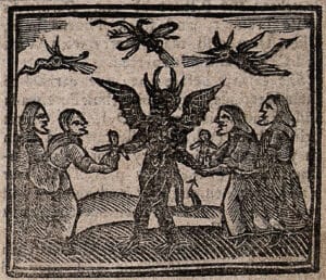 Woodcut illustration of witches presenting babies to the Devil. Small winged creatures fly overhead.