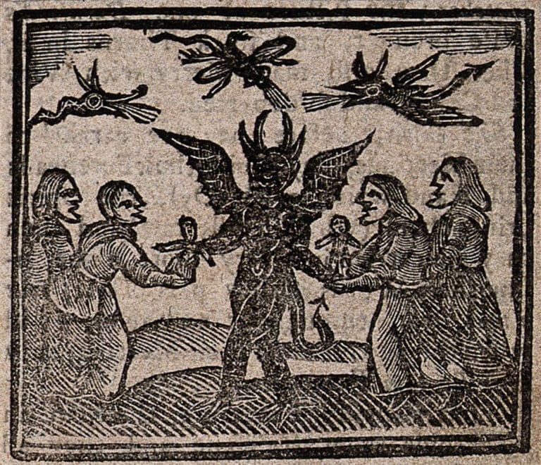 Woodcut illustration of witches presenting babies to the Devil. Small winged creatures fly overhead.