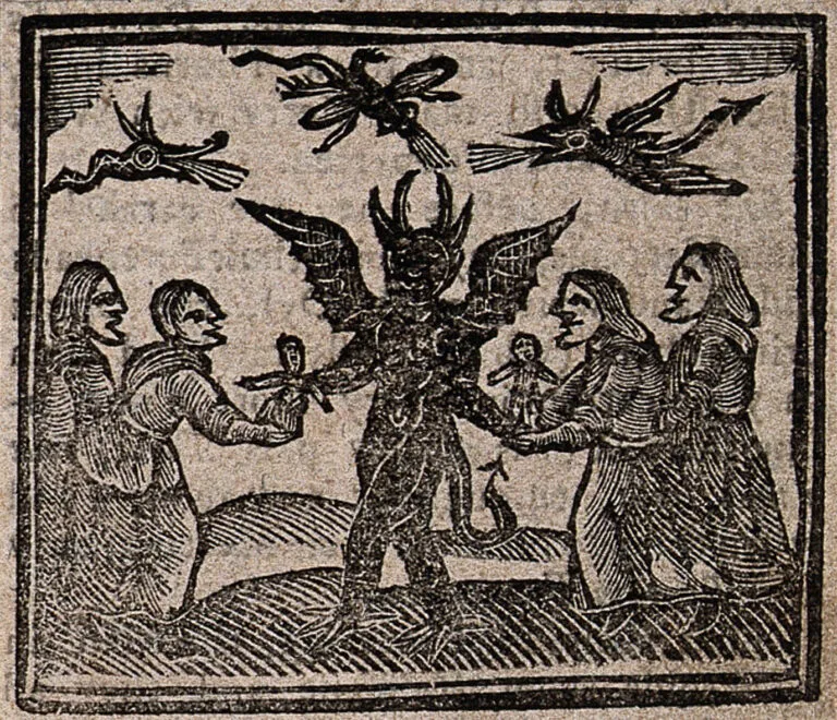 Woodcut illustration of witches presenting babies to the Devil. Small winged creatures fly overhead.